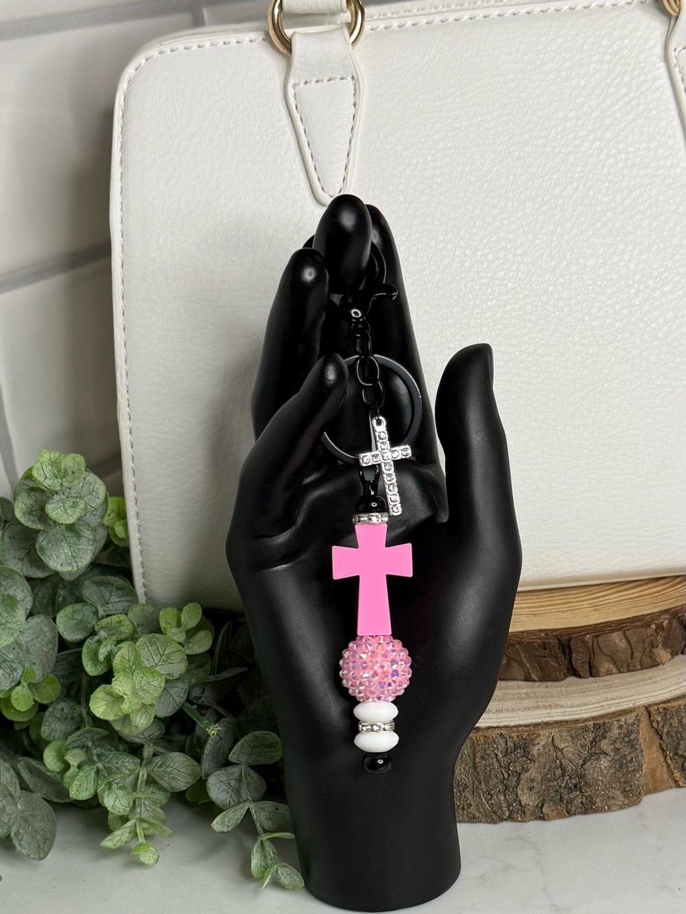 Pink Cross Beaded Keychain with Rhinestone Cross Charm - Picture 5 of 6